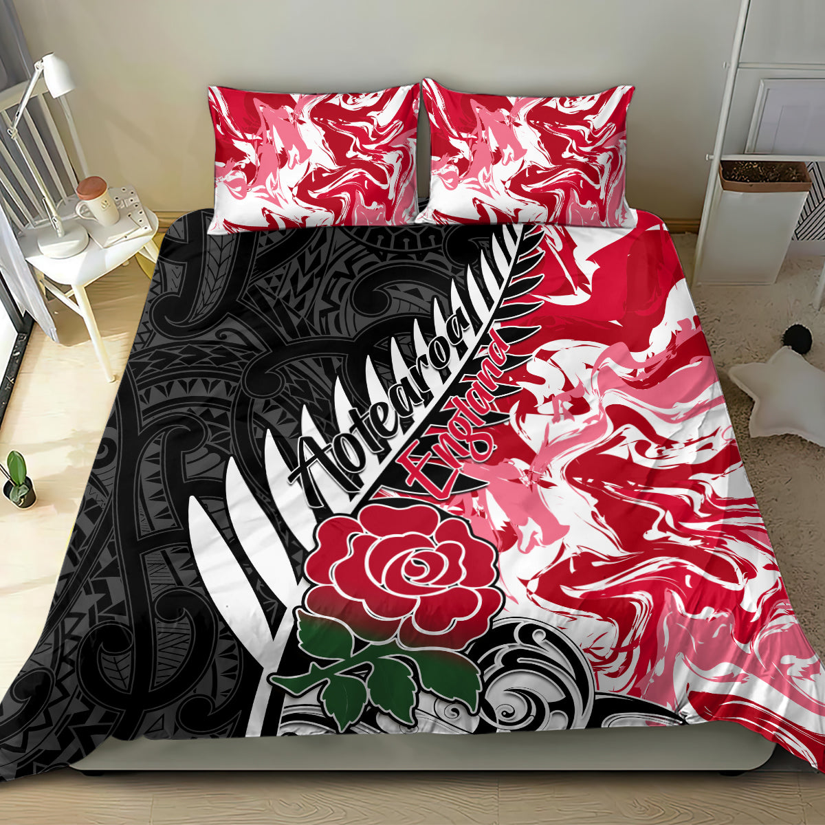New Zealand and England Rugby Bedding Set Silver Fern With Red Rose World Cup 2023 LT01 - Polynesian Pride