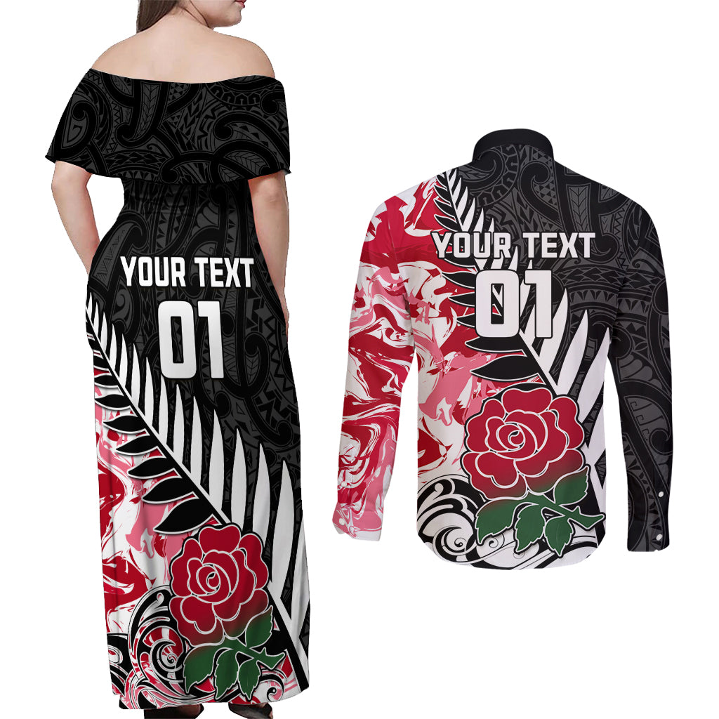 Custom New Zealand and England Rugby Couples Matching Off Shoulder Maxi Dress and Long Sleeve Button Shirt Silver Fern With Red Rose World Cup 2023 LT01 - Polynesian Pride