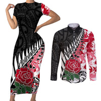 Custom New Zealand and England Rugby Couples Matching Short Sleeve Bodycon Dress and Long Sleeve Button Shirt Silver Fern With Red Rose World Cup 2023 LT01 Art - Polynesian Pride