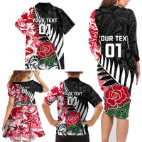 Custom New Zealand and England Rugby Family Matching Long Sleeve Bodycon Dress and Hawaiian Shirt Silver Fern With Red Rose World Cup 2023 LT01 - Polynesian Pride