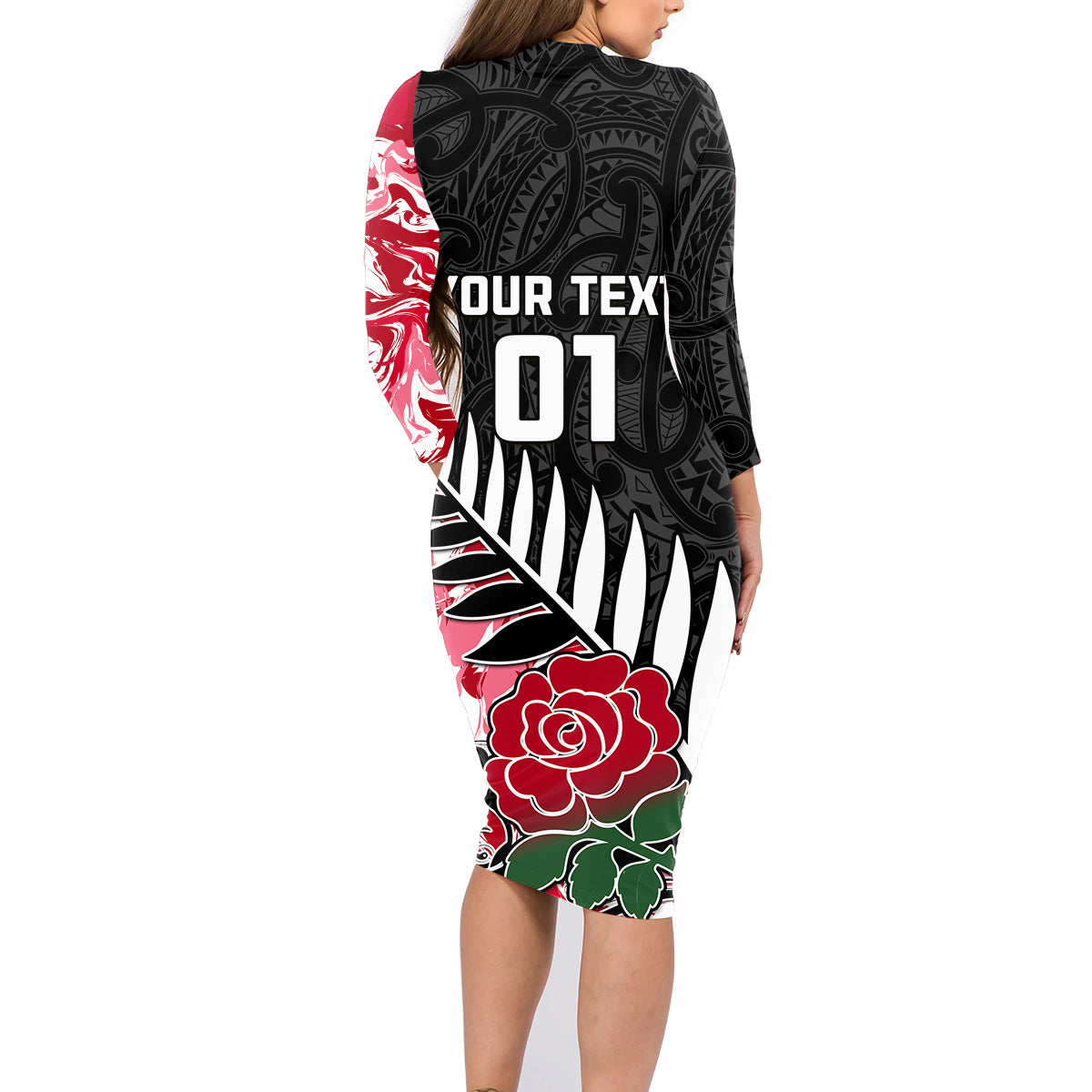 Custom New Zealand and England Rugby Family Matching Long Sleeve Bodycon Dress and Hawaiian Shirt Silver Fern With Red Rose World Cup 2023 LT01 - Polynesian Pride