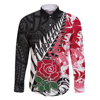 Custom New Zealand and England Rugby Family Matching Off Shoulder Long Sleeve Dress and Hawaiian Shirt Silver Fern With Red Rose World Cup 2023 LT01 Dad's Shirt - Long Sleeve Art - Polynesian Pride