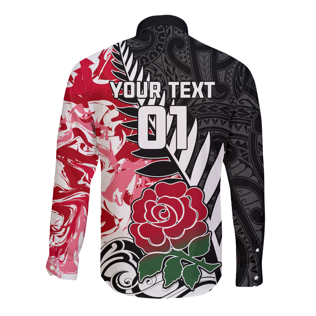 Custom New Zealand and England Rugby Long Sleeve Button Shirt Silver Fern With Red Rose World Cup 2023 LT01 - Polynesian Pride