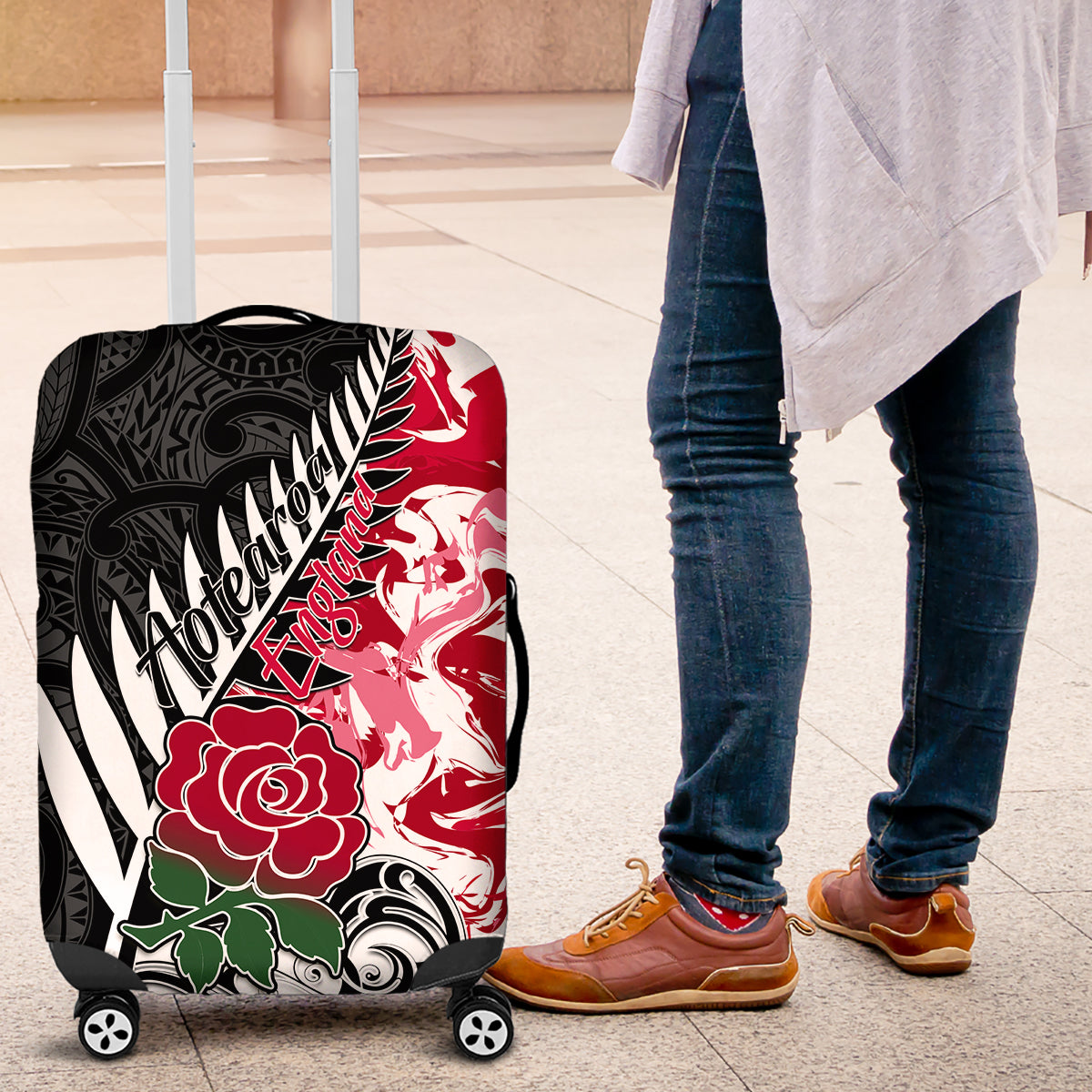 New Zealand and England Rugby Luggage Cover Silver Fern With Red Rose World Cup 2023 LT01 Art - Polynesian Pride