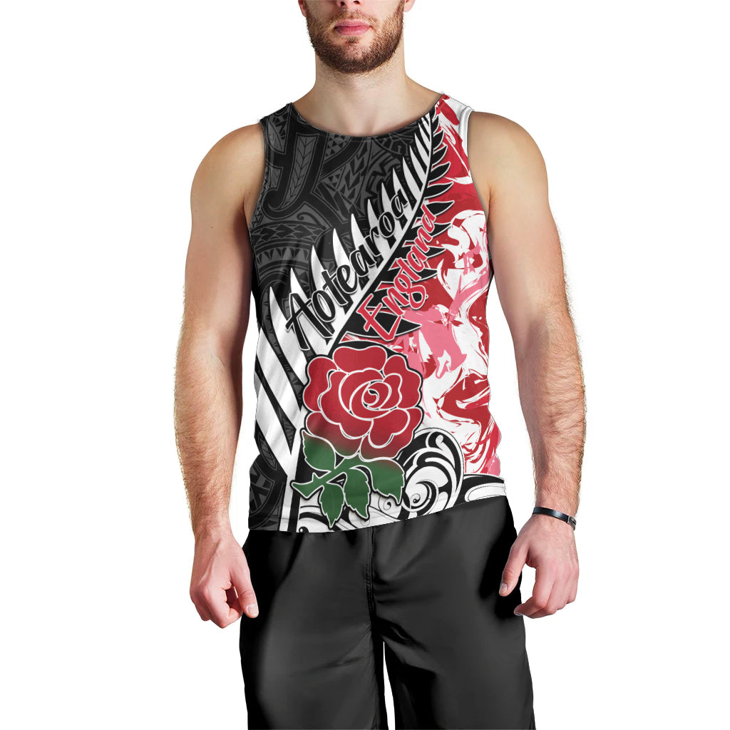 Custom New Zealand and England Rugby Men Tank Top Silver Fern With Red Rose World Cup 2023 LT01 - Polynesian Pride