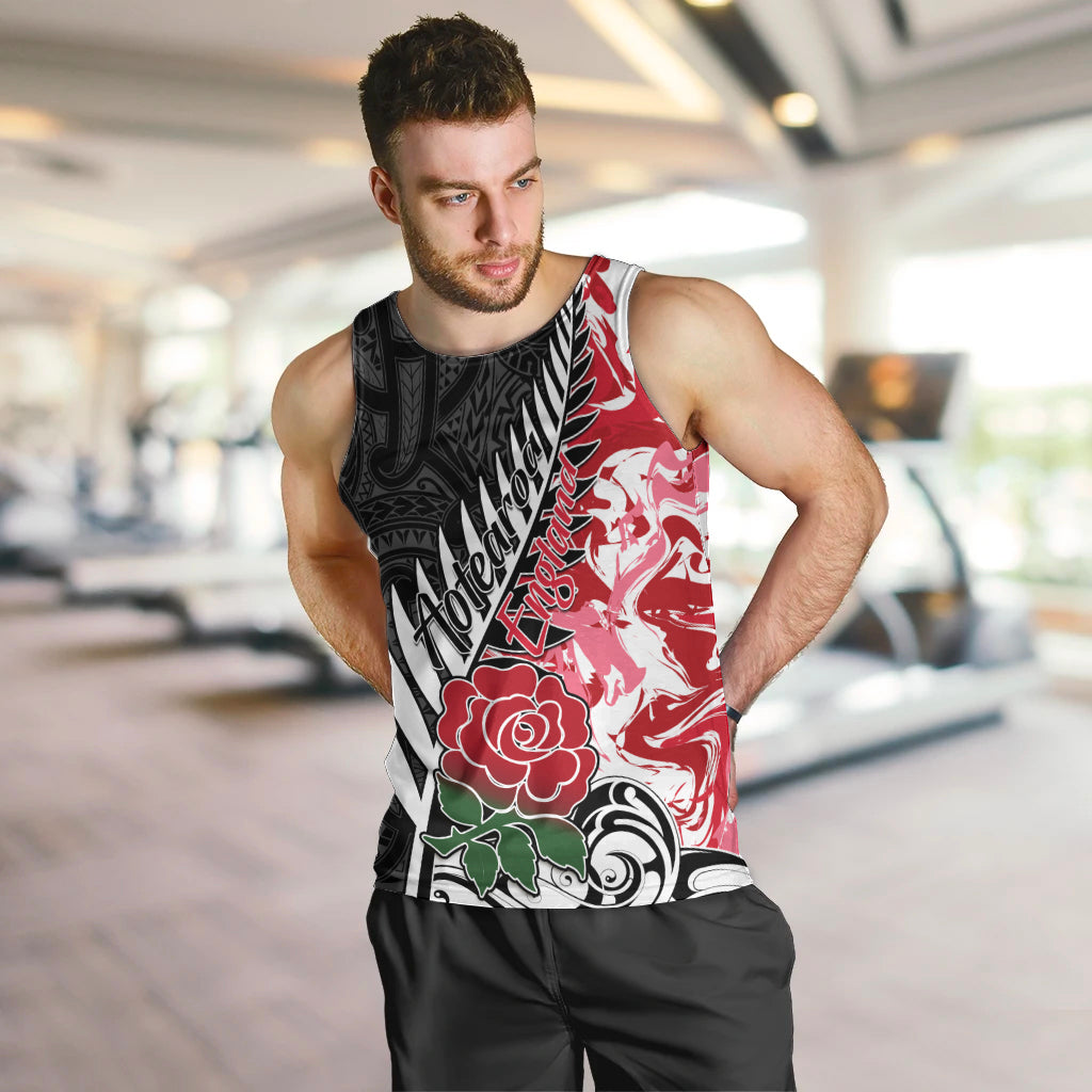 Custom New Zealand and England Rugby Men Tank Top Silver Fern With Red Rose World Cup 2023 LT01 - Polynesian Pride