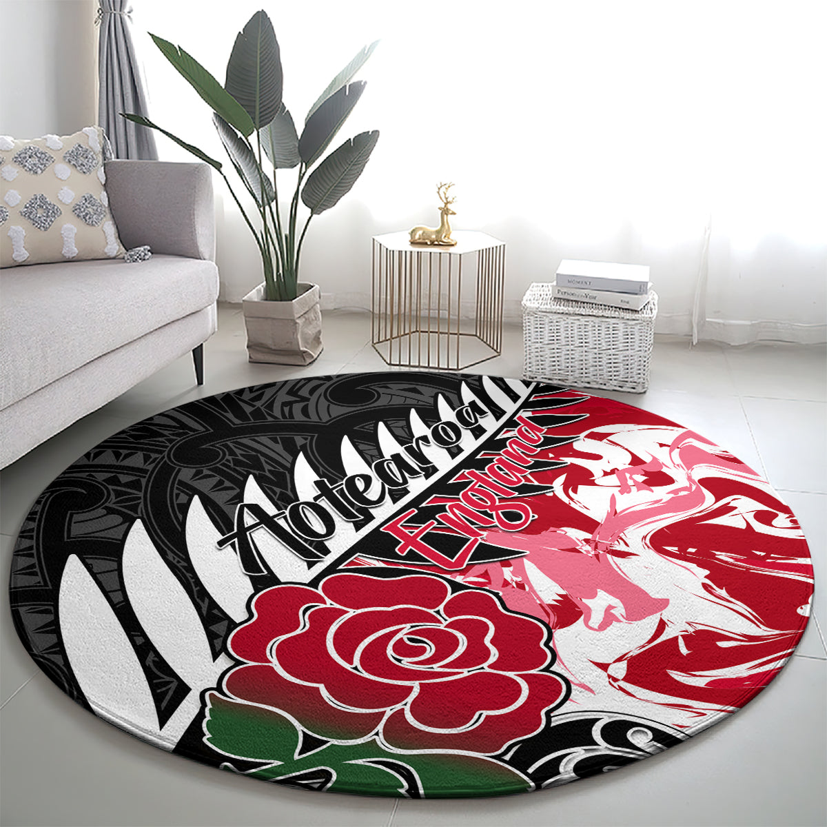 New Zealand and England Rugby Round Carpet Silver Fern With Red Rose World Cup 2023 LT01 - Polynesian Pride