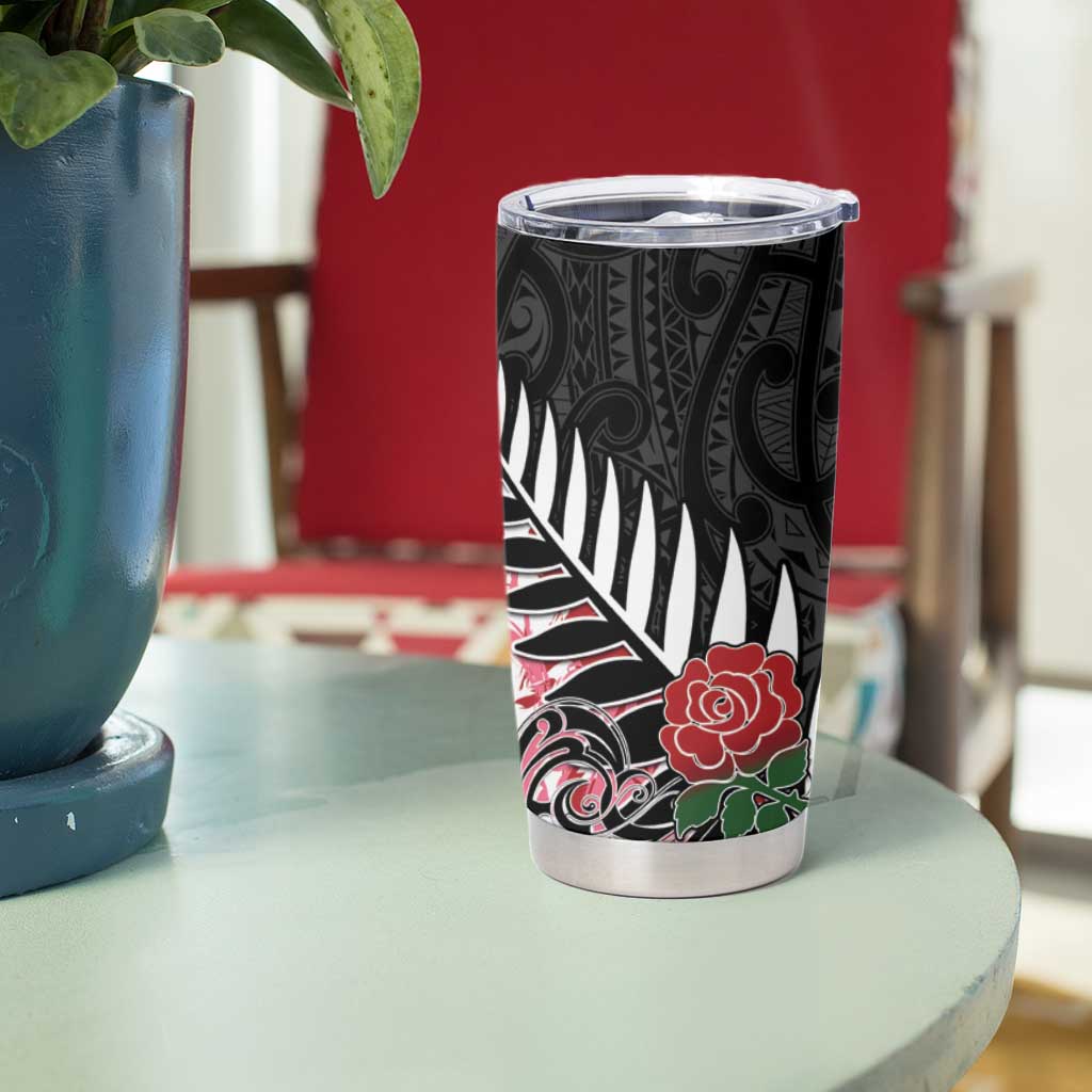 New Zealand and England Rugby Tumbler Cup Silver Fern With Red Rose