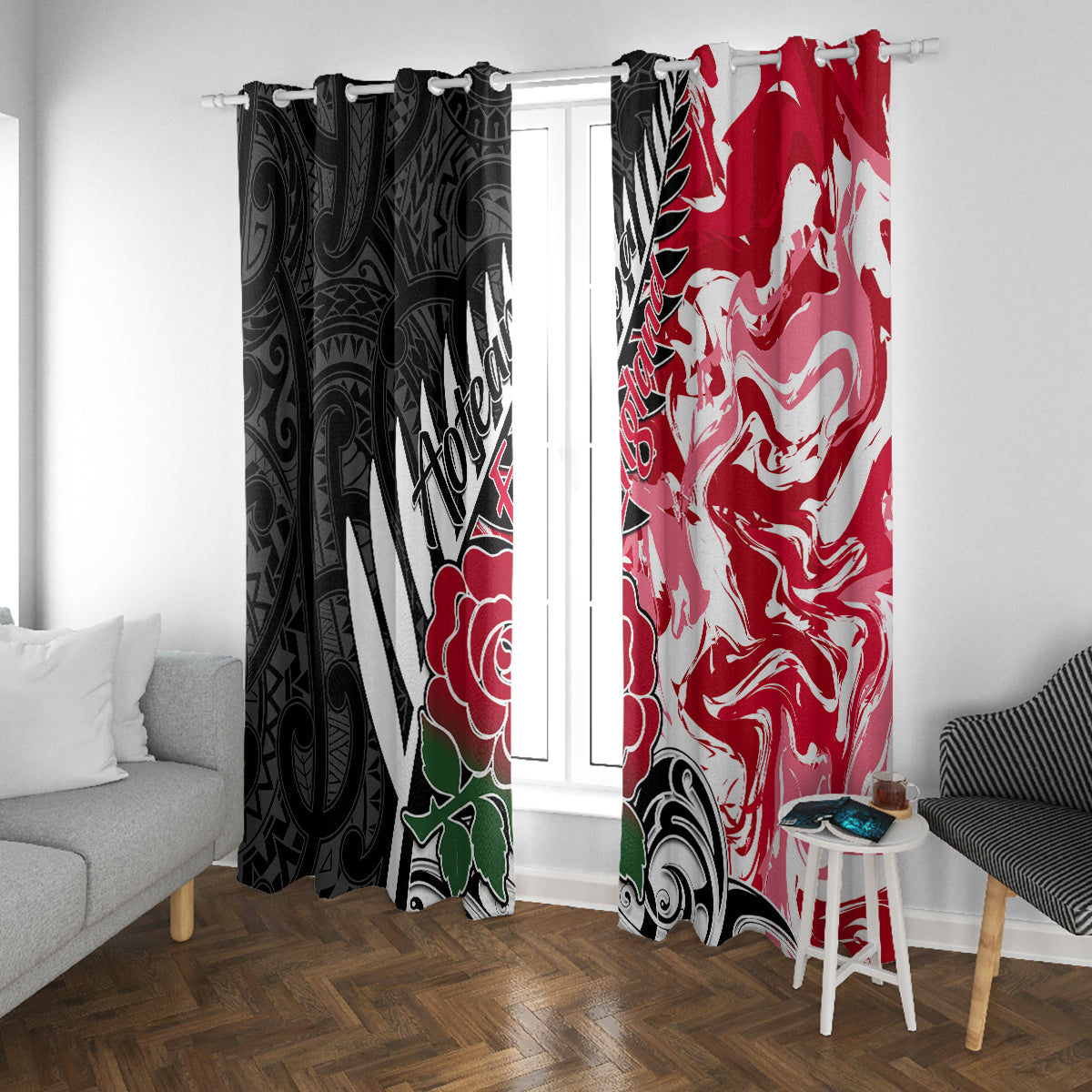 New Zealand and England Rugby Window Curtain Silver Fern With Red Rose World Cup 2023 LT01 With Grommets Art - Polynesian Pride