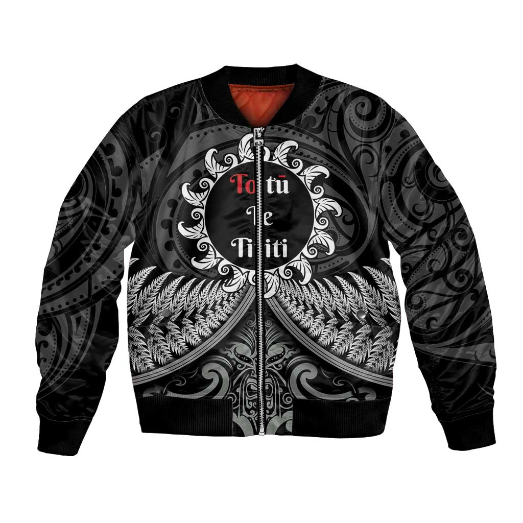 Personalised Toitu Te Tiriti Aotearoa Silver Fern Bomber Jacket New Zealand Maori Pattern LT01 Unisex Black - Polynesian Pride