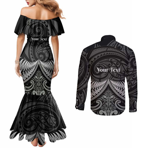 Personalised New Zealand Couples Off Shoulder Short Dress and Long Sleeve Button Shirts Aotearoa Silver Fern With Manaia Maori Unique Purple LT14 main image 0