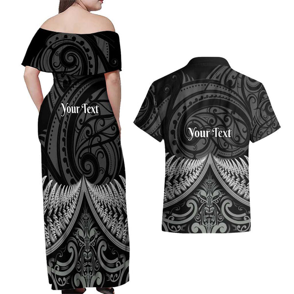 Personalised Aotearoa Couples Matching Off Shoulder Short Dress and Hawaiian Shirt Maori Kiwi Yellow Fern LT01