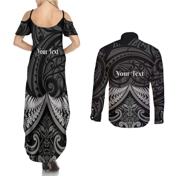 Personalised New Zealand Couples Off Shoulder Short Dress and Long Sleeve Button Shirts Aotearoa Silver Fern With Manaia Maori Unique Purple LT14 main image 1