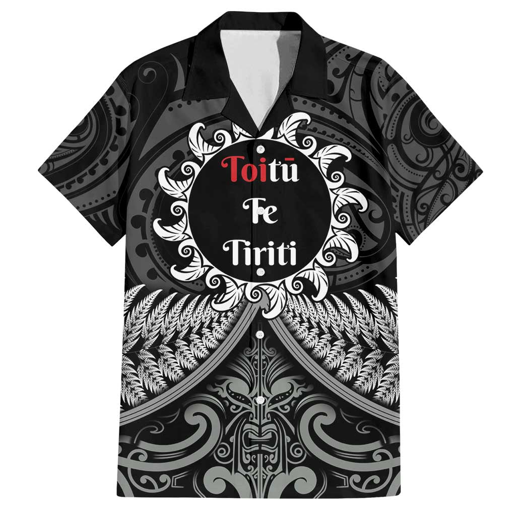 Personalised Toitu Te Tiriti Aotearoa Silver Fern Family Matching Tank Maxi Dress and Hawaiian Shirt New Zealand Maori Pattern LT01 Dad's Shirt - Short Sleeve Black - Polynesian Pride