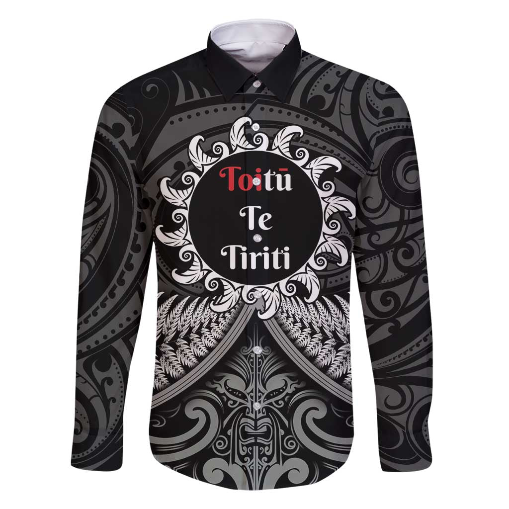 Personalised Toitu Te Tiriti Aotearoa Silver Fern Family Matching Tank Maxi Dress and Hawaiian Shirt New Zealand Maori Pattern LT01 Dad's Shirt - Long Sleeve Black - Polynesian Pride