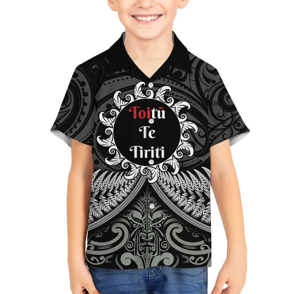 Personalised Toitu Te Tiriti Aotearoa Silver Fern Family Matching Tank Maxi Dress and Hawaiian Shirt New Zealand Maori Pattern LT01 Son's Shirt Black - Polynesian Pride