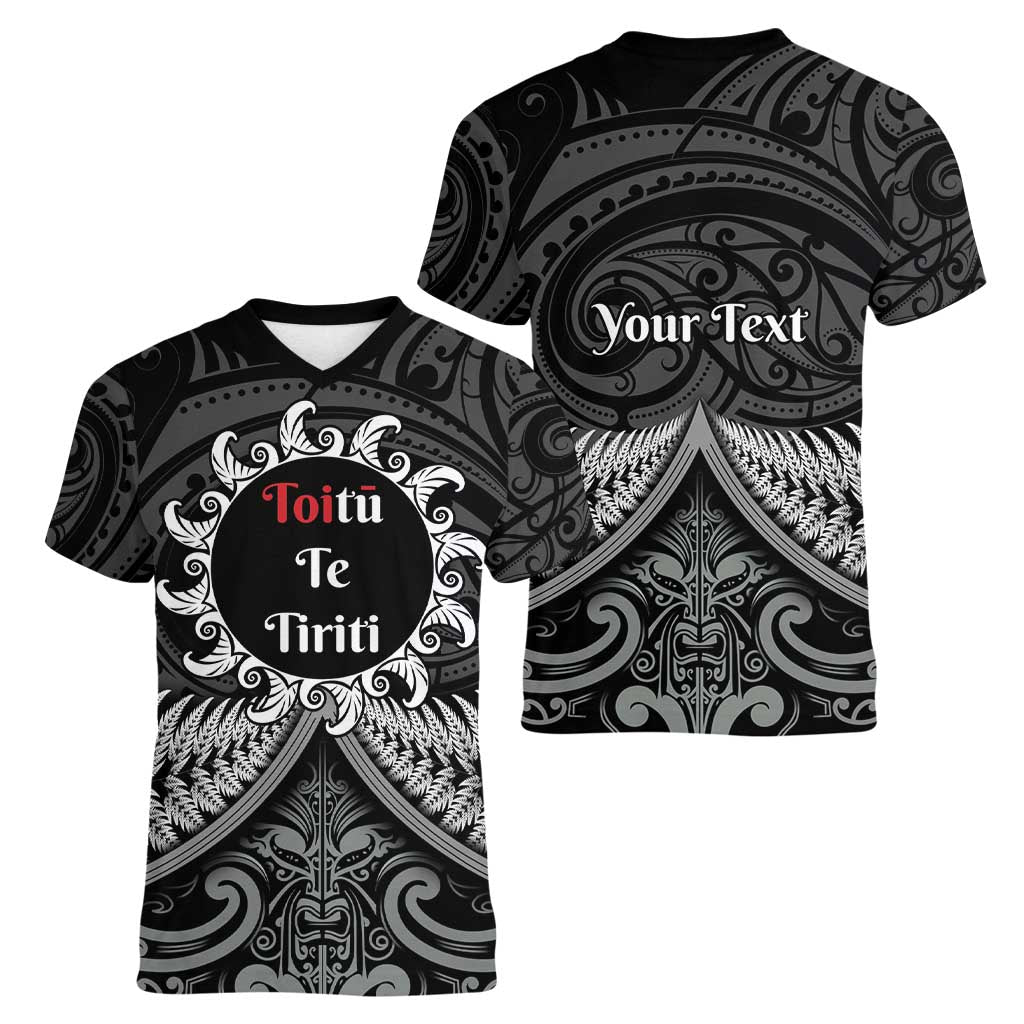 Personalised Toitu Te Tiriti Aotearoa Silver Fern Women V-Neck T-Shirt New Zealand Maori Pattern