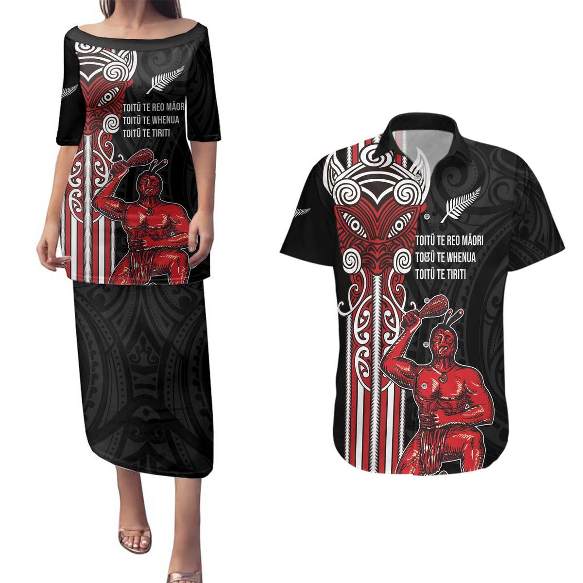 Toitu Te Reo Maori Toitu Te Whenua Toitu Te Tiriti Couples Matching Puletasi and Hawaiian Shirt Maori Warrior New Zealand
