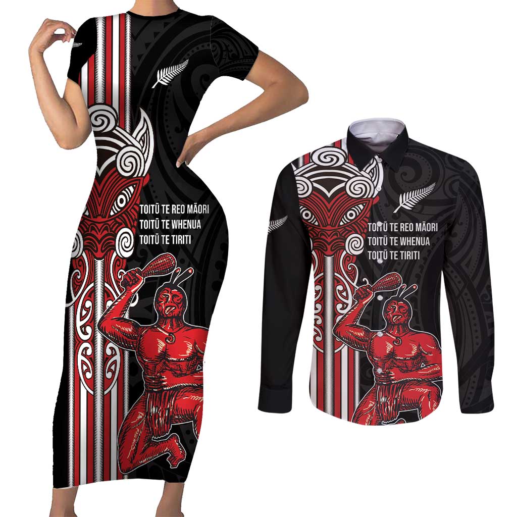 Toitu Te Reo Maori Toitu Te Whenua Toitu Te Tiriti Couples Matching Short Sleeve Bodycon Dress and Long Sleeve Button Shirt Maori Warrior New Zealand