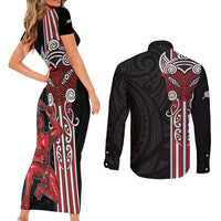 Toitu Te Reo Maori Toitu Te Whenua Toitu Te Tiriti Couples Matching Short Sleeve Bodycon Dress and Long Sleeve Button Shirt Maori Warrior New Zealand