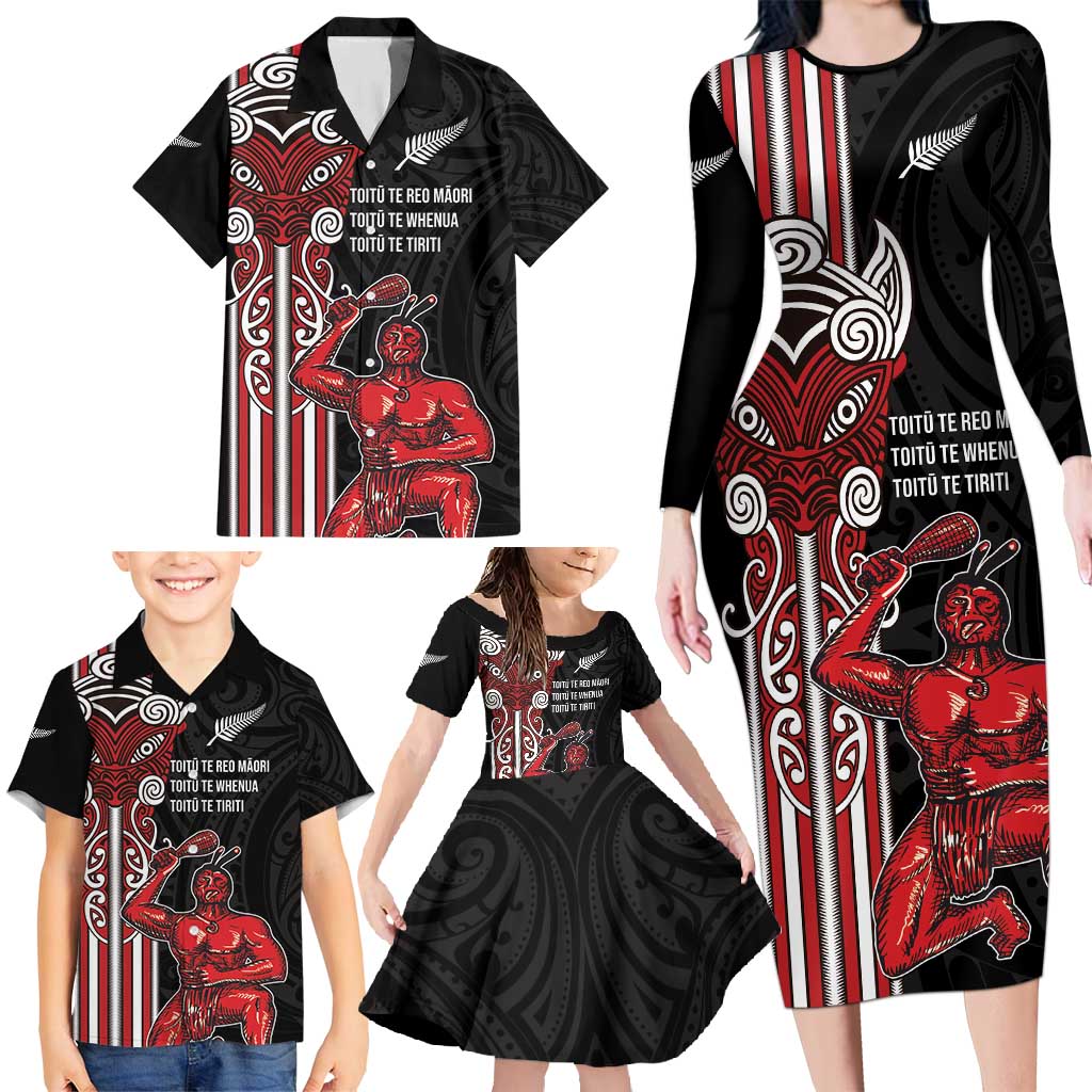 Toitu Te Reo Maori Toitu Te Whenua Toitu Te Tiriti Family Matching Long Sleeve Bodycon Dress and Hawaiian Shirt Maori Warrior New Zealand