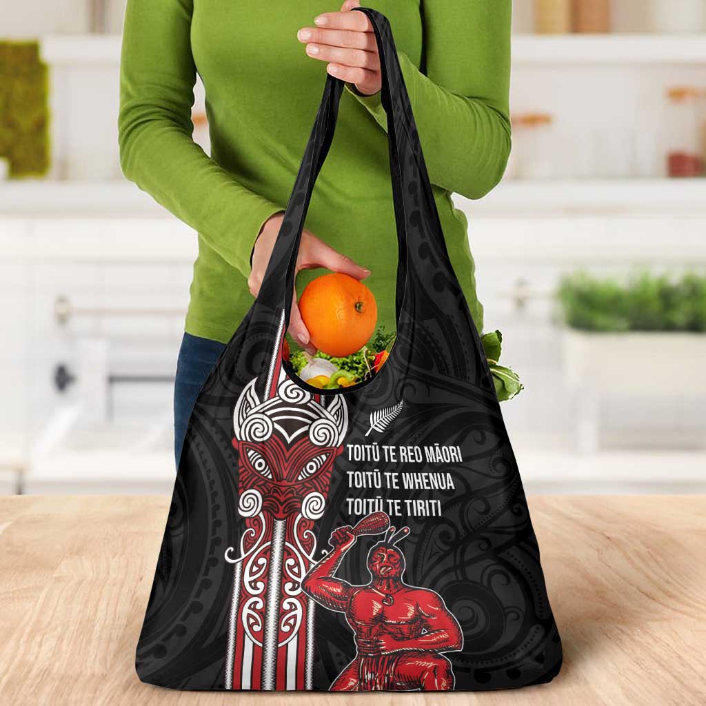 Toitu Te Reo Maori Toitu Te Whenua Toitu Te Tiriti Grocery Bag Maori Warrior New Zealand