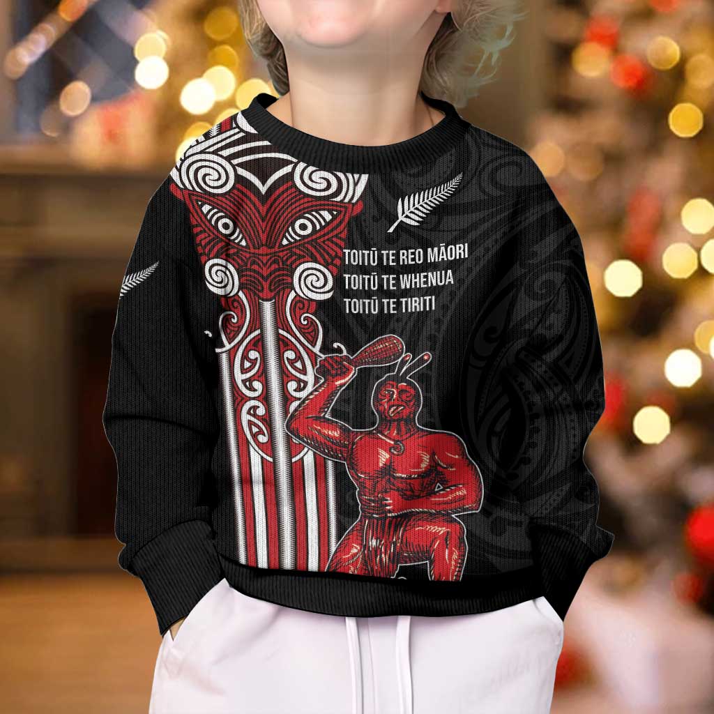 Toitu Te Reo Maori Toitu Te Whenua Toitu Te Tiriti Kid Ugly Christmas Sweater Maori Warrior