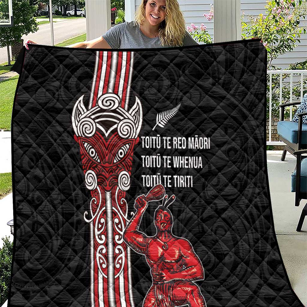 Toitu Te Reo Maori Toitu Te Whenua Toitu Te Tiriti Quilt Maori Warrior New Zealand LT01 Black - Polynesian Pride