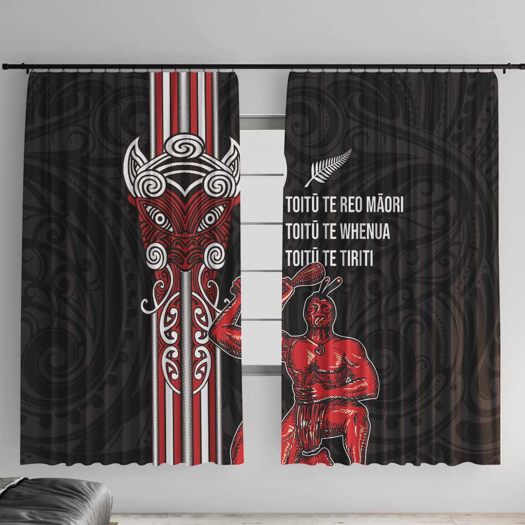 Toitu Te Reo Maori Toitu Te Whenua Toitu Te Tiriti Window Curtain Maori Warrior New Zealand LT01 With Hooks Black - Polynesian Pride