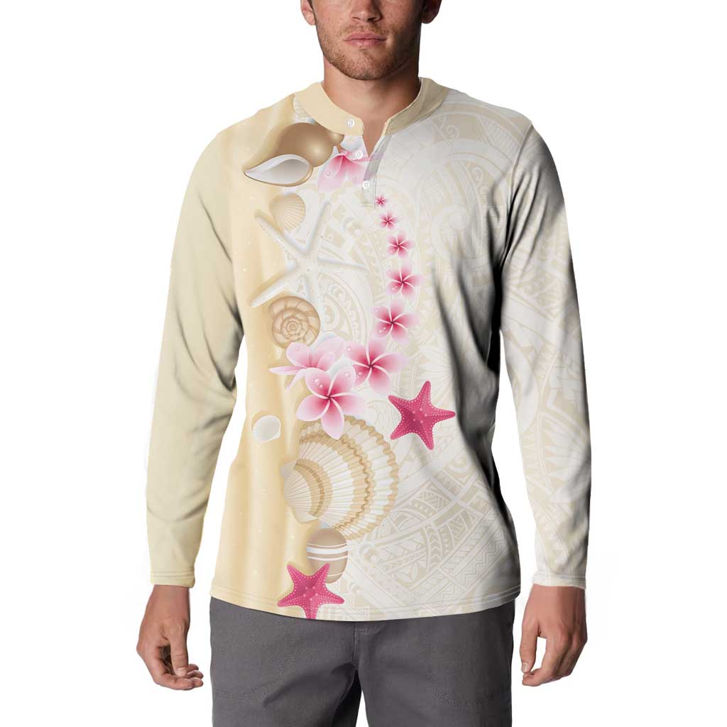 Beige Frangipani Sea Shell Button Sweatshirt Starfish Polynesian Pattern - Polynesian Pride