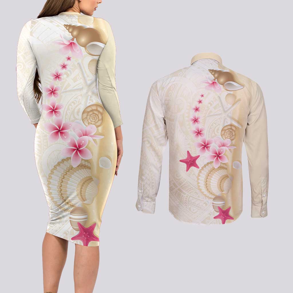 Beige Frangipani Sea Shell Couples Matching Long Sleeve Bodycon Dress and Long Sleeve Button Shirt Starfish Polynesian Pattern - Polynesian Pride