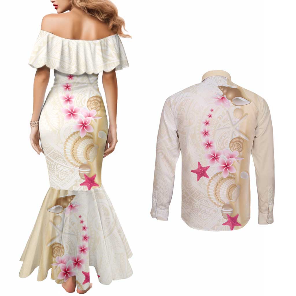 Beige Frangipani Sea Shell Couples Matching Mermaid Dress and Long Sleeve Button Shirt Starfish Polynesian Pattern - Polynesian Pride