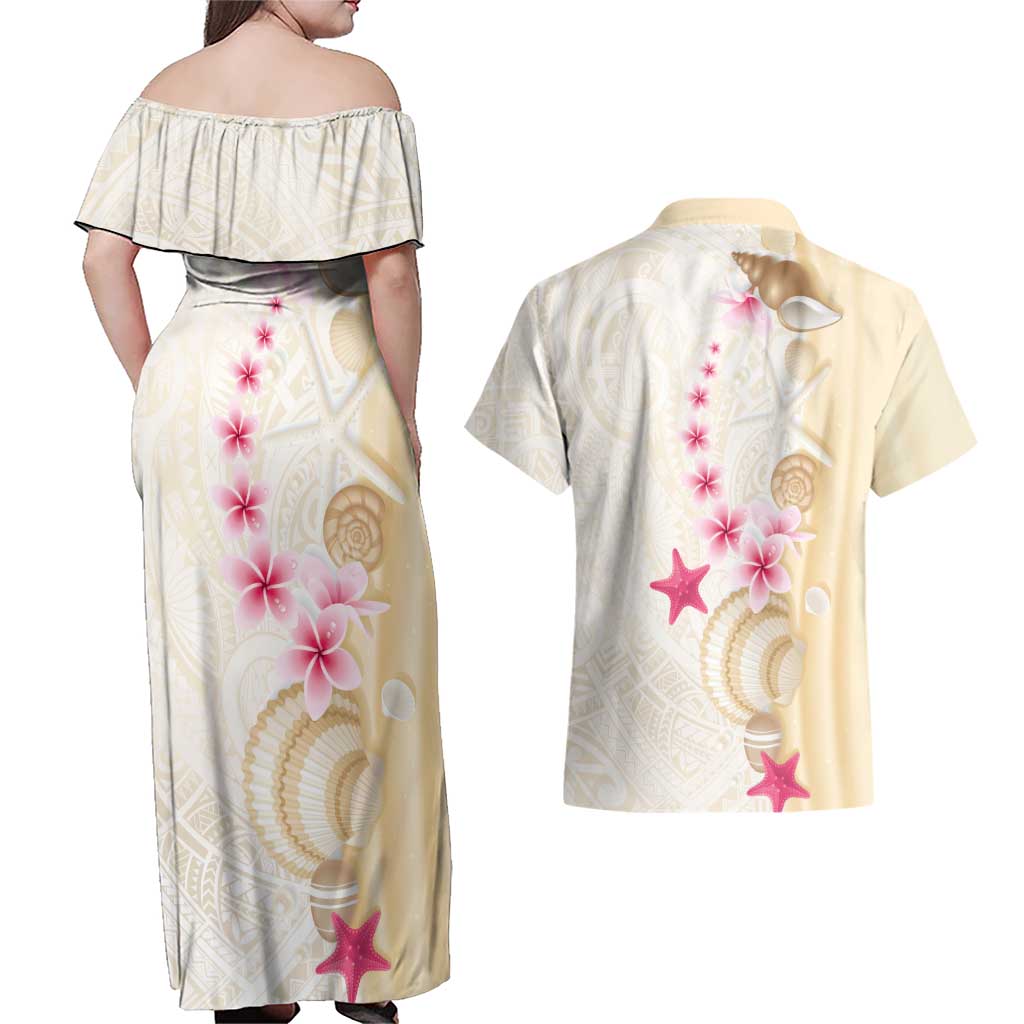 Beige Frangipani Sea Shell Couples Matching Off Shoulder Maxi Dress and Hawaiian Shirt Starfish Polynesian Pattern - Polynesian Pride