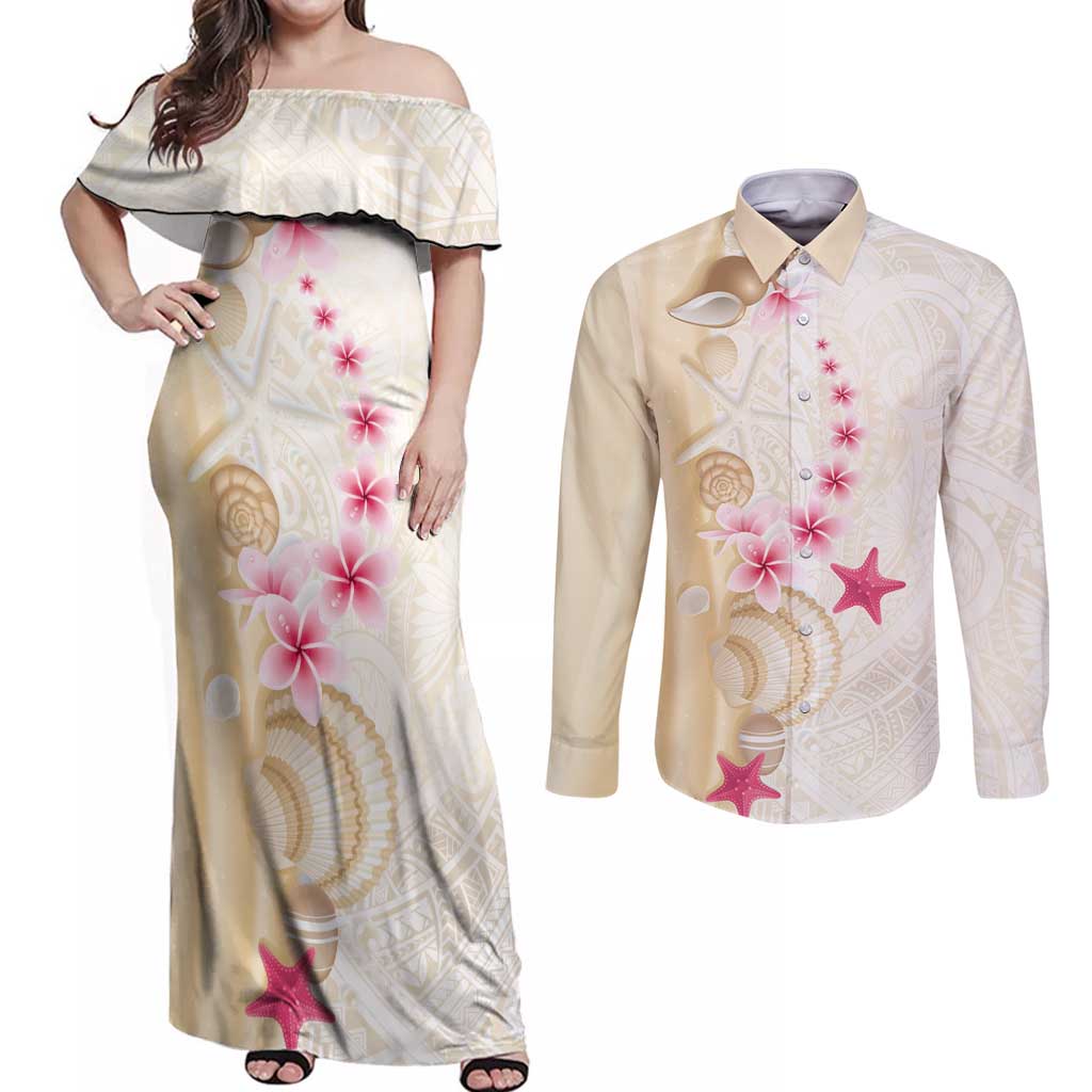 Beige Frangipani Sea Shell Couples Matching Off Shoulder Maxi Dress and Long Sleeve Button Shirt Starfish Polynesian Pattern - Polynesian Pride