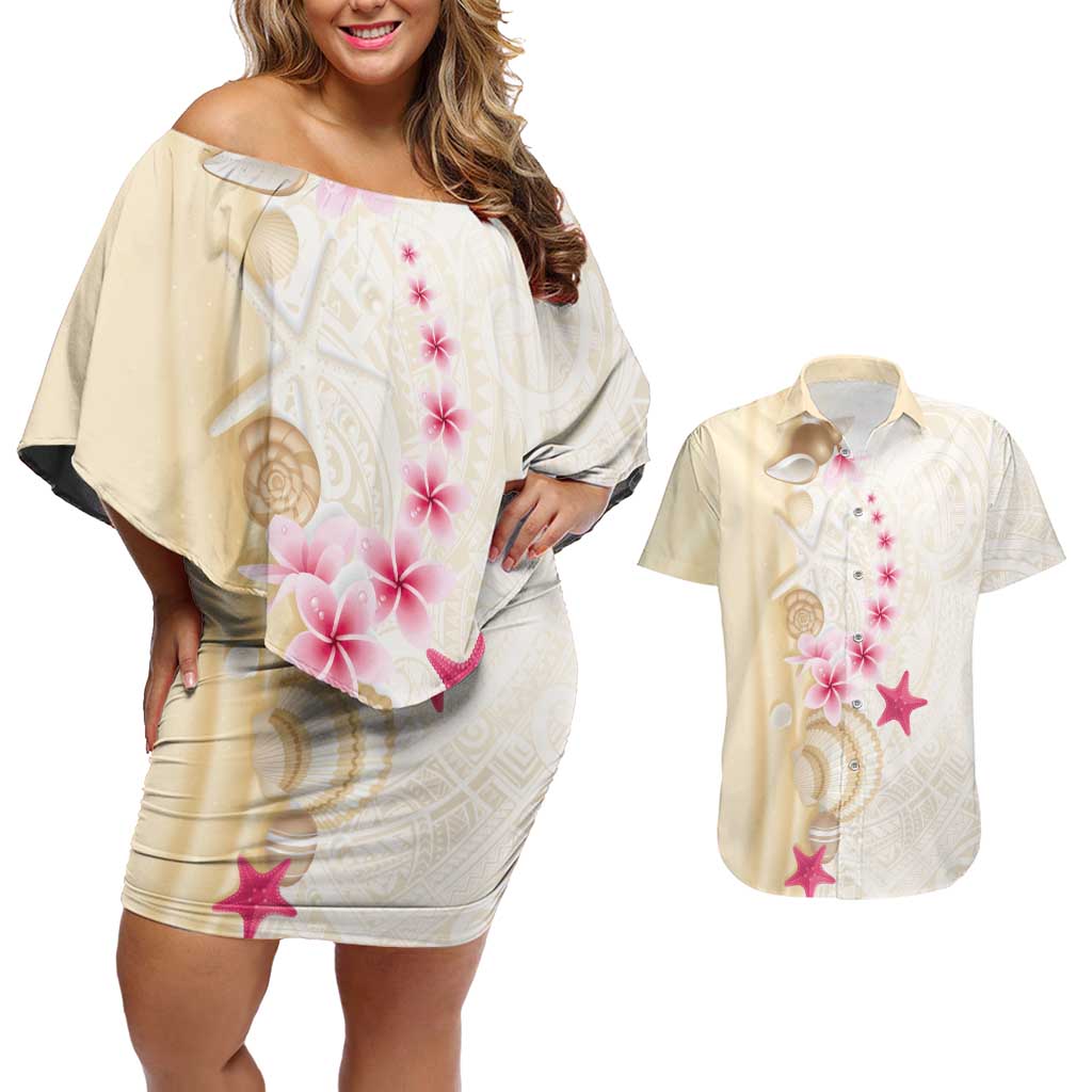 Beige Frangipani Sea Shell Couples Matching Off Shoulder Short Dress and Hawaiian Shirt Starfish Polynesian Pattern - Polynesian Pride