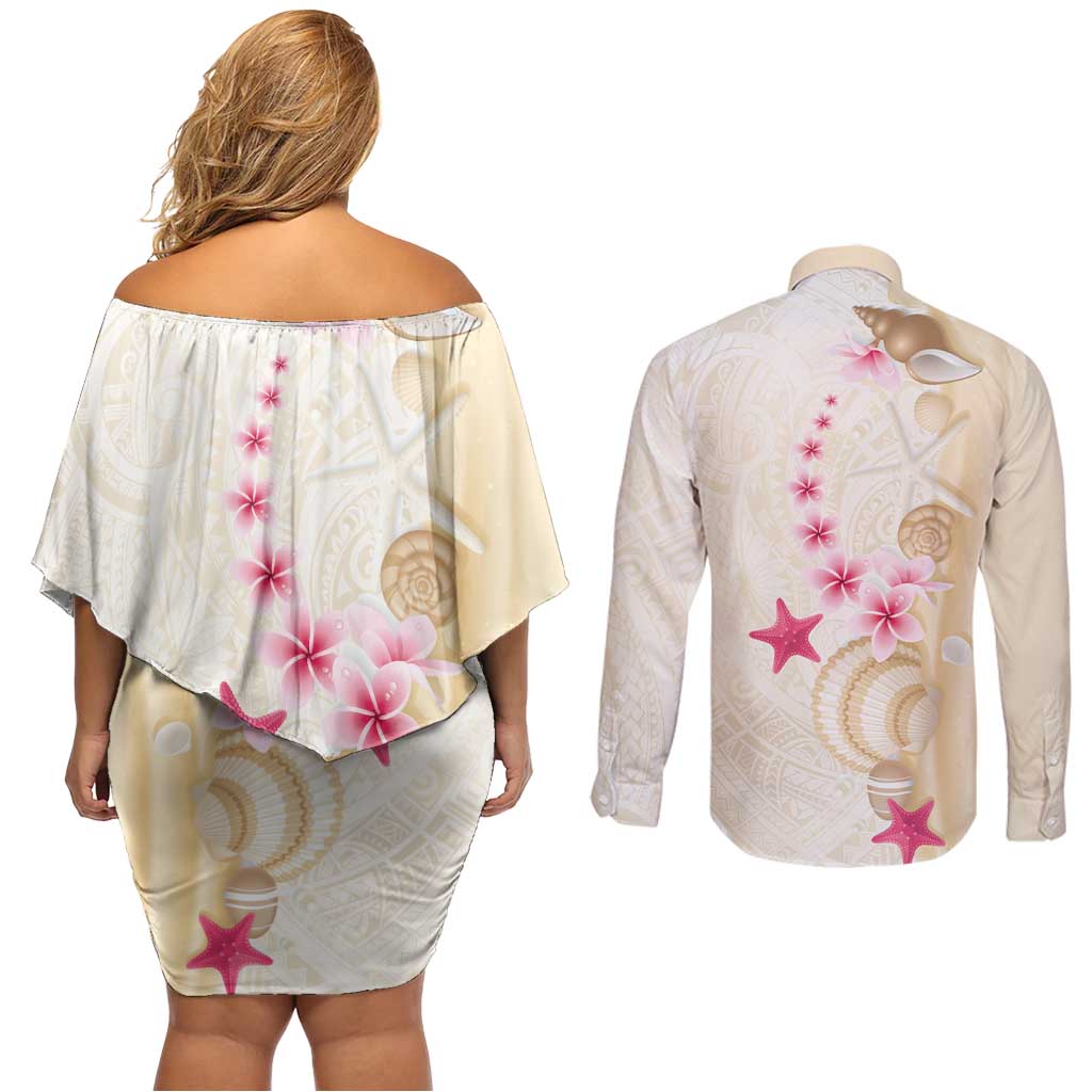 Beige Frangipani Sea Shell Couples Matching Off Shoulder Short Dress and Long Sleeve Button Shirt Starfish Polynesian Pattern - Polynesian Pride