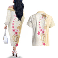 Beige Frangipani Sea Shell Couples Matching Off The Shoulder Long Sleeve Dress and Hawaiian Shirt Starfish Polynesian Pattern - Polynesian Pride