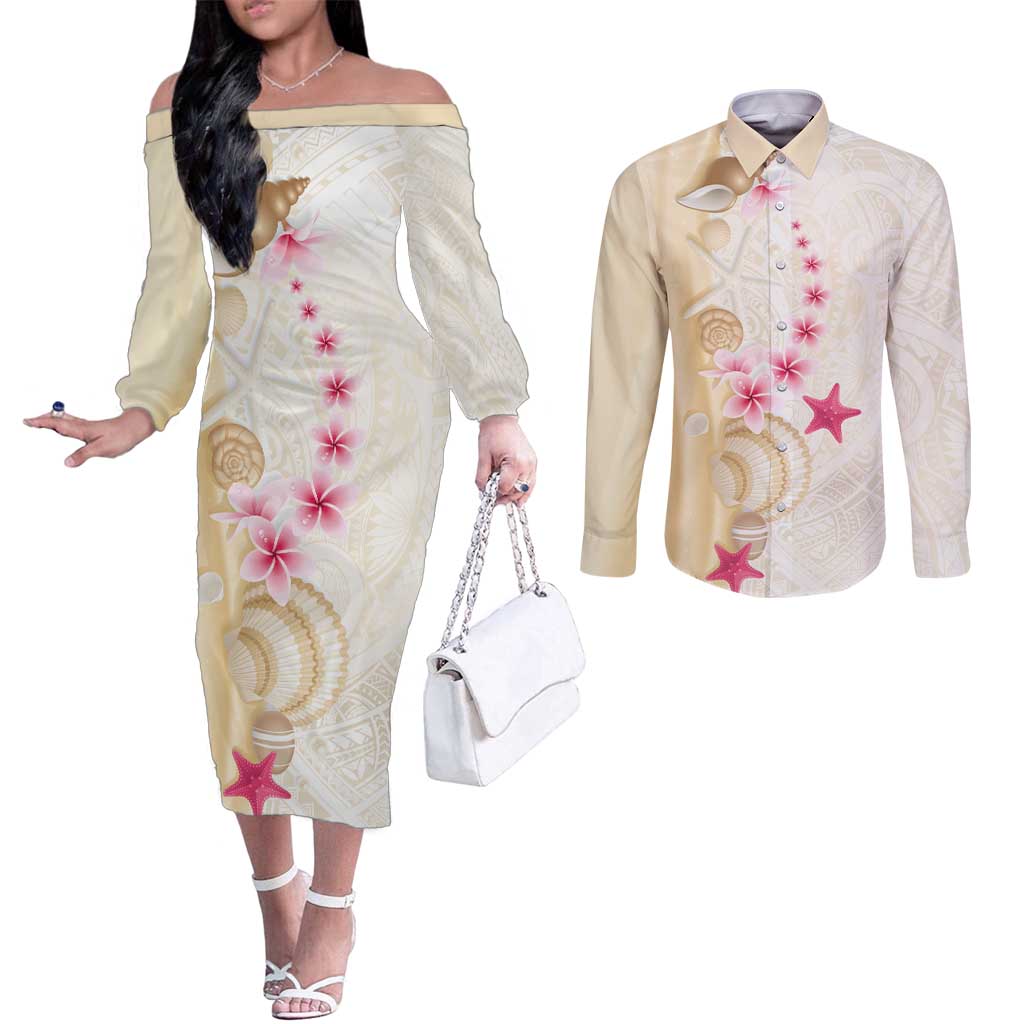Beige Frangipani Sea Shell Couples Matching Off The Shoulder Long Sleeve Dress and Long Sleeve Button Shirt Starfish Polynesian Pattern - Polynesian Pride
