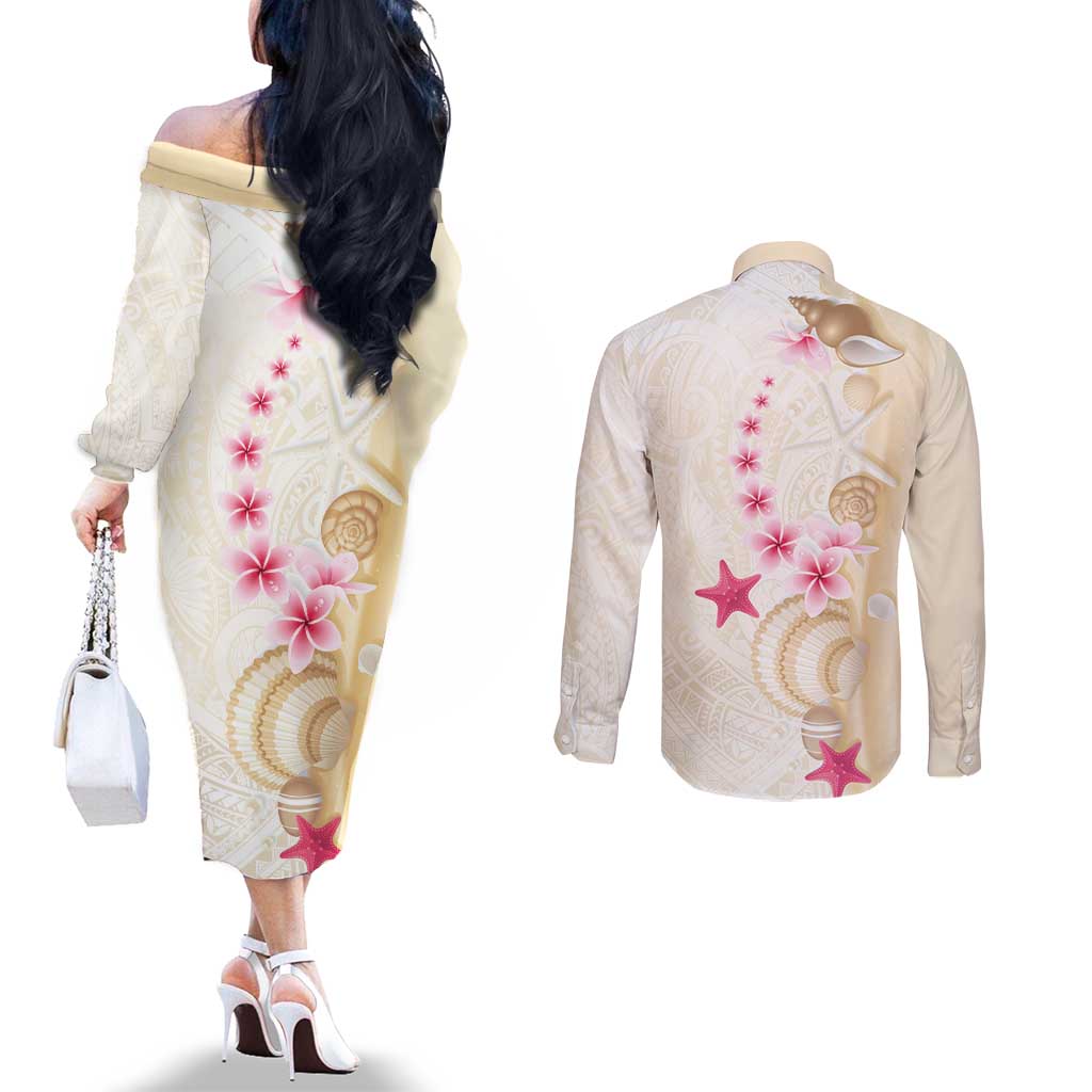 Beige Frangipani Sea Shell Couples Matching Off The Shoulder Long Sleeve Dress and Long Sleeve Button Shirt Starfish Polynesian Pattern - Polynesian Pride