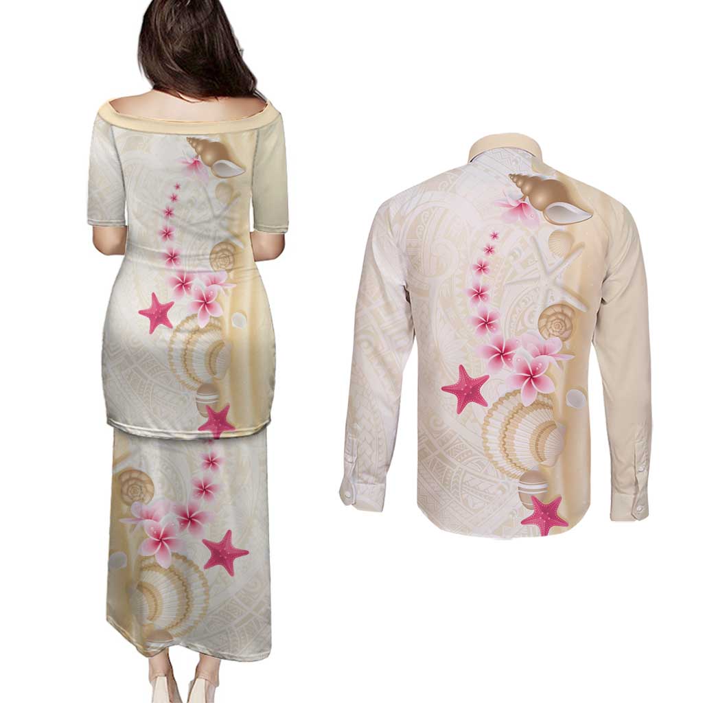 Beige Frangipani Sea Shell Couples Matching Puletasi and Long Sleeve Button Shirt Starfish Polynesian Pattern - Polynesian Pride
