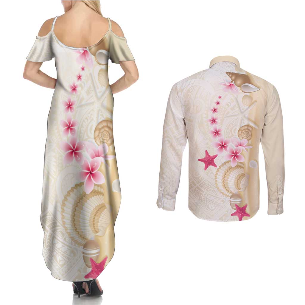 Beige Frangipani Sea Shell Couples Matching Summer Maxi Dress and Long Sleeve Button Shirt Starfish Polynesian Pattern - Polynesian Pride