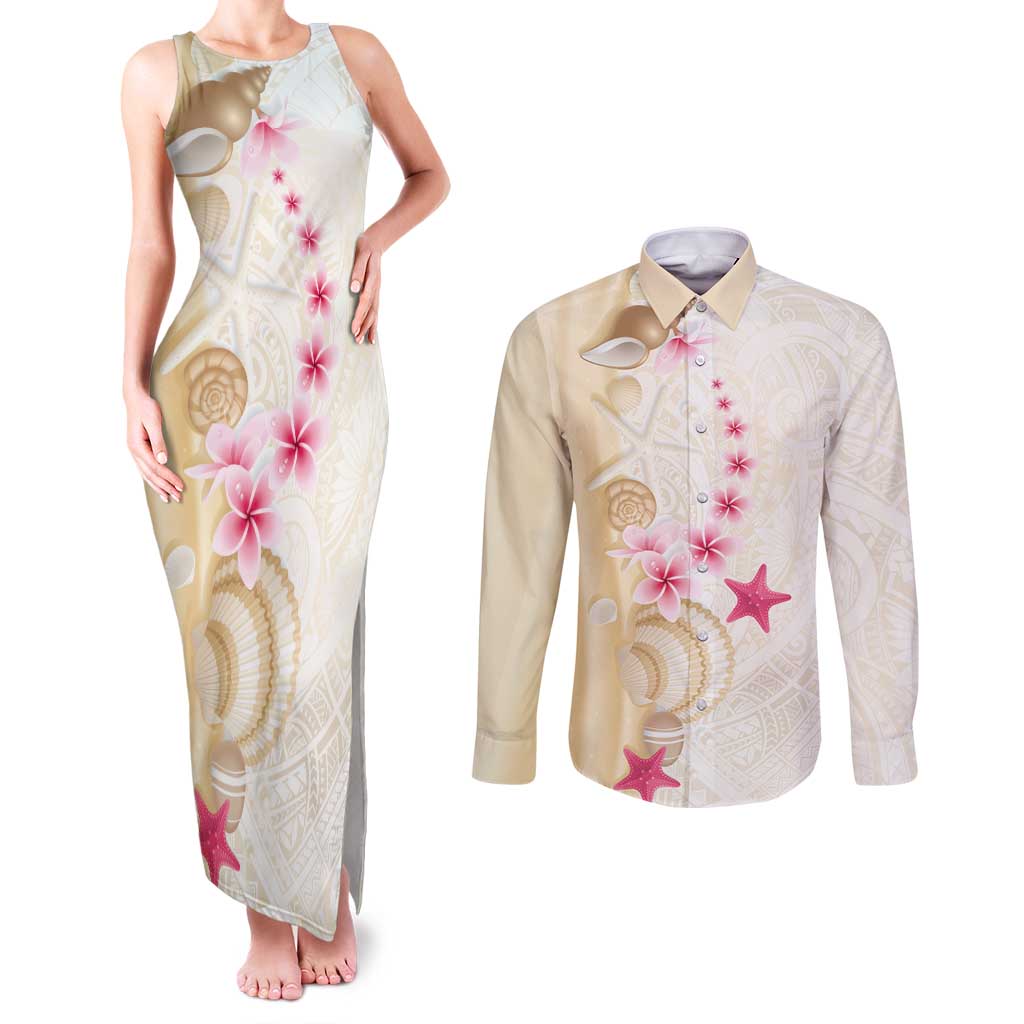 Beige Frangipani Sea Shell Couples Matching Tank Maxi Dress and Long Sleeve Button Shirt Starfish Polynesian Pattern - Polynesian Pride