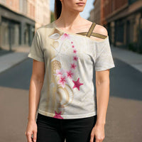 Beige Frangipani Sea Shell Cross Shoulder Shirt Starfish Polynesian Pattern - Polynesian Pride