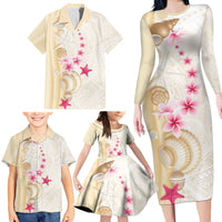 Beige Frangipani Sea Shell Family Matching Long Sleeve Bodycon Dress and Hawaiian Shirt Starfish Polynesian Pattern - Polynesian Pride