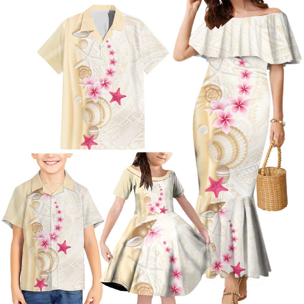 Beige Frangipani Sea Shell Family Matching Mermaid Dress and Hawaiian Shirt Starfish Polynesian Pattern - Polynesian Pride