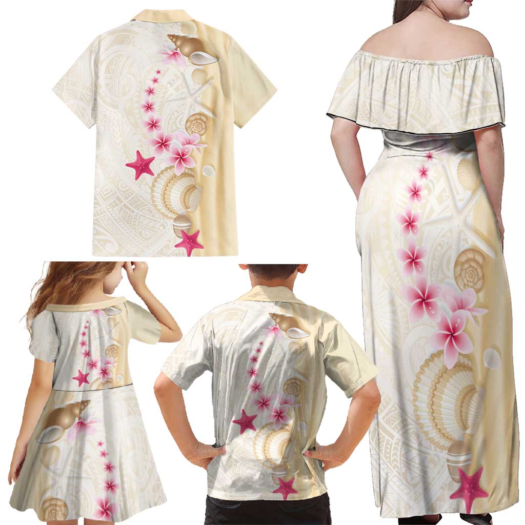 Beige Frangipani Sea Shell Family Matching Off Shoulder Maxi Dress and Hawaiian Shirt Starfish Polynesian Pattern - Polynesian Pride