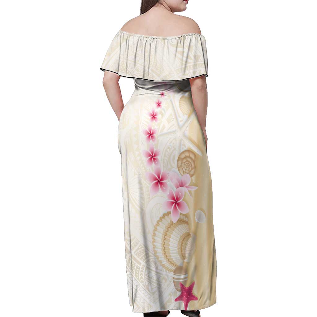 Beige Frangipani Sea Shell Family Matching Off Shoulder Maxi Dress and Hawaiian Shirt Starfish Polynesian Pattern - Polynesian Pride