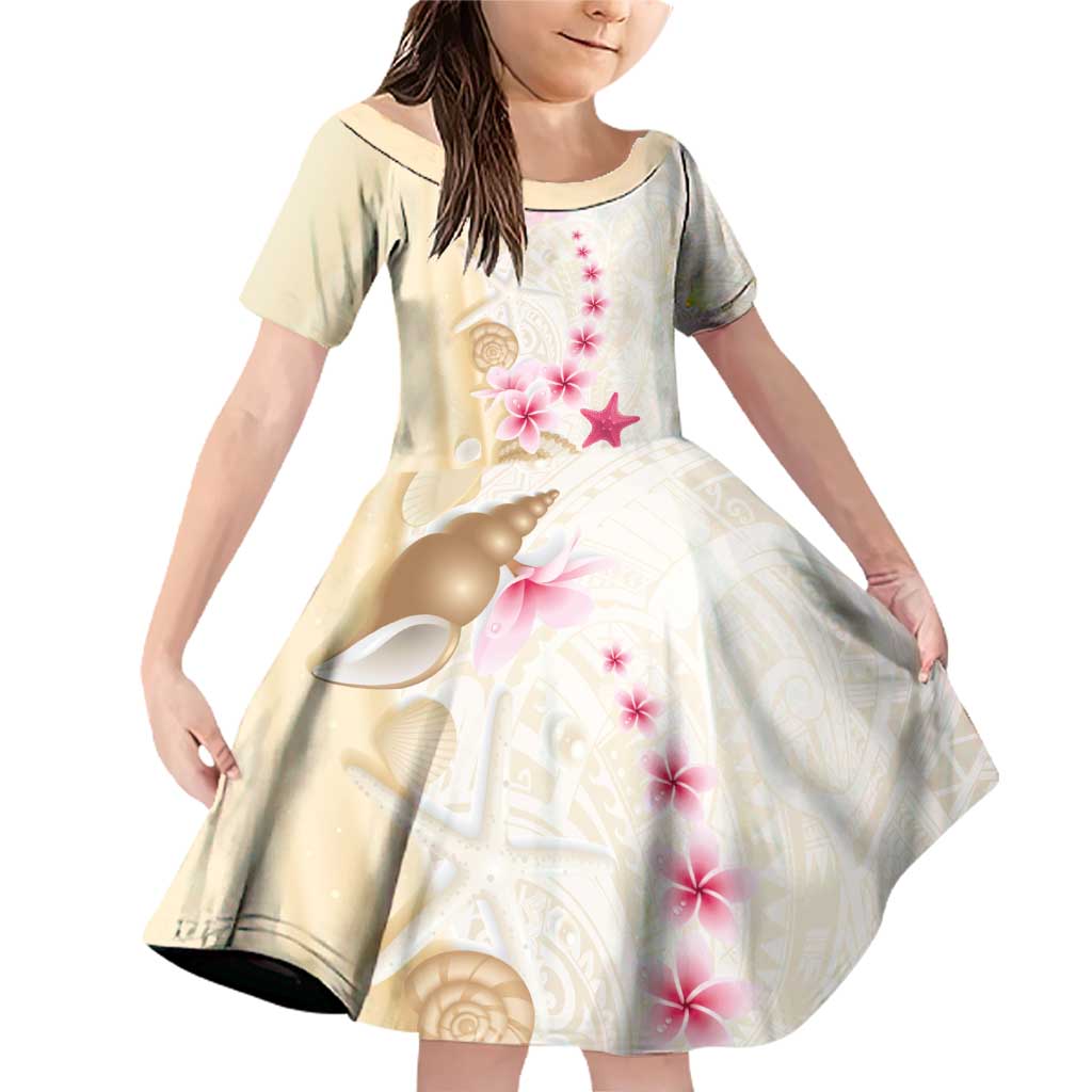 Beige Frangipani Sea Shell Family Matching Off Shoulder Short Dress and Hawaiian Shirt Starfish Polynesian Pattern - Polynesian Pride