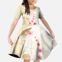 Beige Frangipani Sea Shell Kid Short Sleeve Dress Starfish Polynesian Pattern - Polynesian Pride