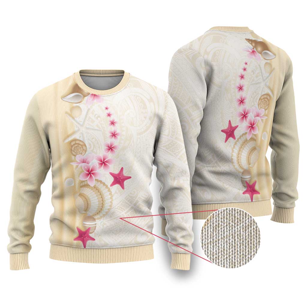 Beige Frangipani Sea Shell Ugly Christmas Sweater Starfish Polynesian Pattern - Polynesian Pride